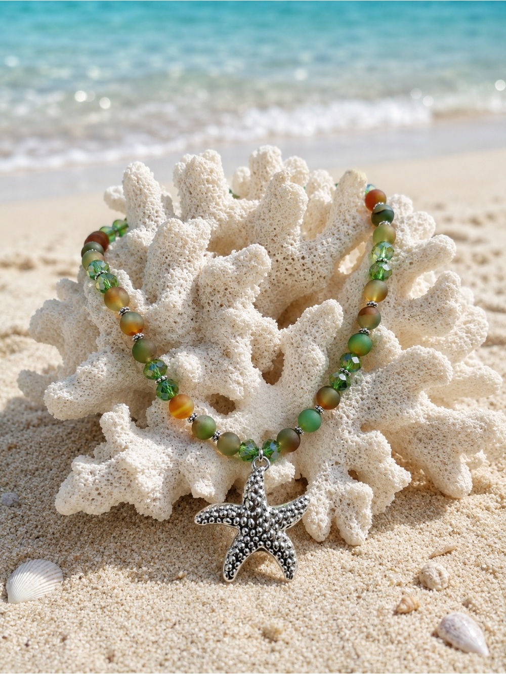 🆕😍🍁Green Crystal Beaded Starfish Pendant Necklace for Women